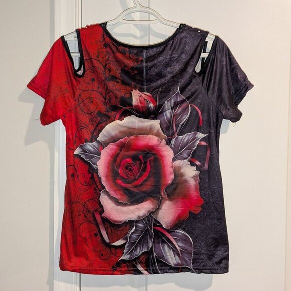 *3 FOR $9* Gothic Rose Floral Print Cold Shoulder Short Sleeve Top Shirt Tee S - Picture 2 of 2